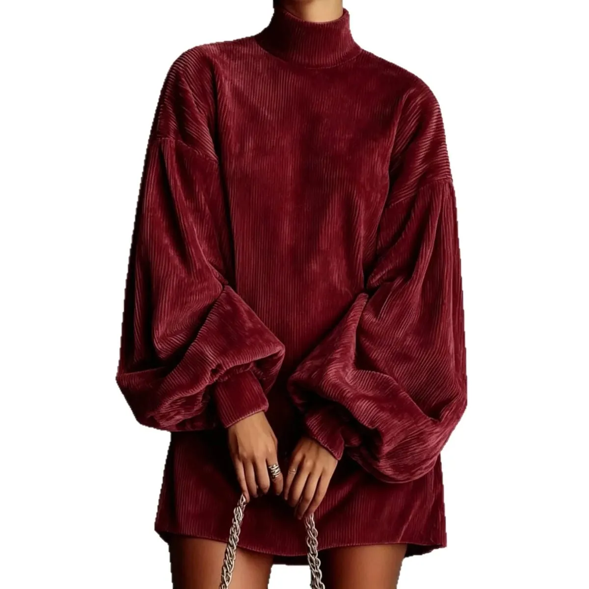 Women Corduroy Turtleneck Mini Dress Oversized Elegant Loose Lantern Sleeve Casual Dresses Autumn Winter Streetwear Short Dress — image 4