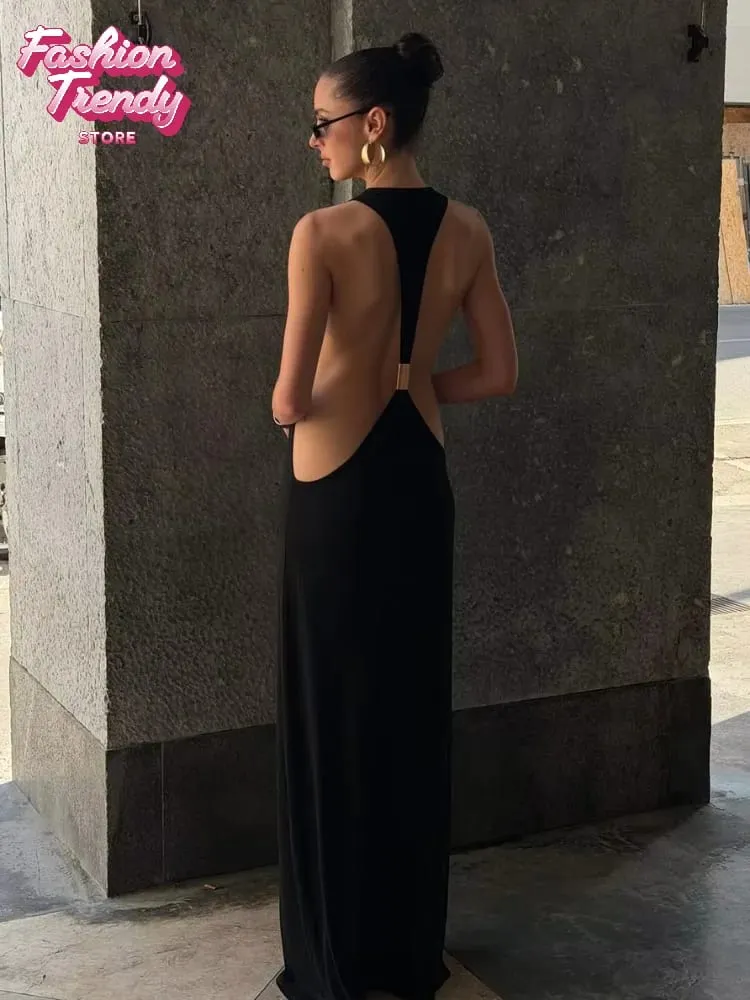 Gaun Maxi Potongan Sisi Tanpa Belakang Halter Pepejal Wanita Stretch Jersey Lantai Panjang Gaun Bodycon Slim Jubah Percutian Kelab Malam