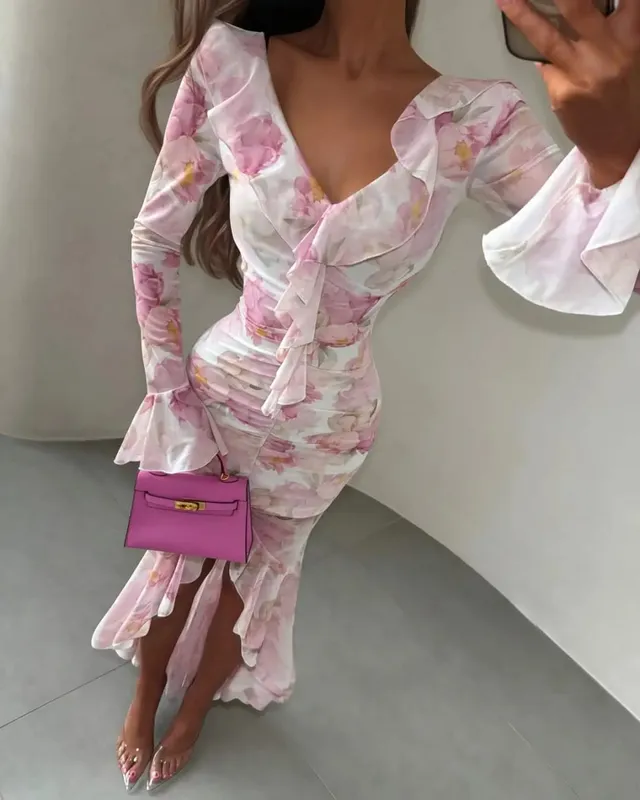 Pakaian Maxi Chiffon Cetak Bunga-bungaan Wanita Lengan Panjang V-leher Dalaman Romantik Gaun Potong Renda Tinggi Rendah 2026 Gaun Wanita Elegan Musim Panas — image 9