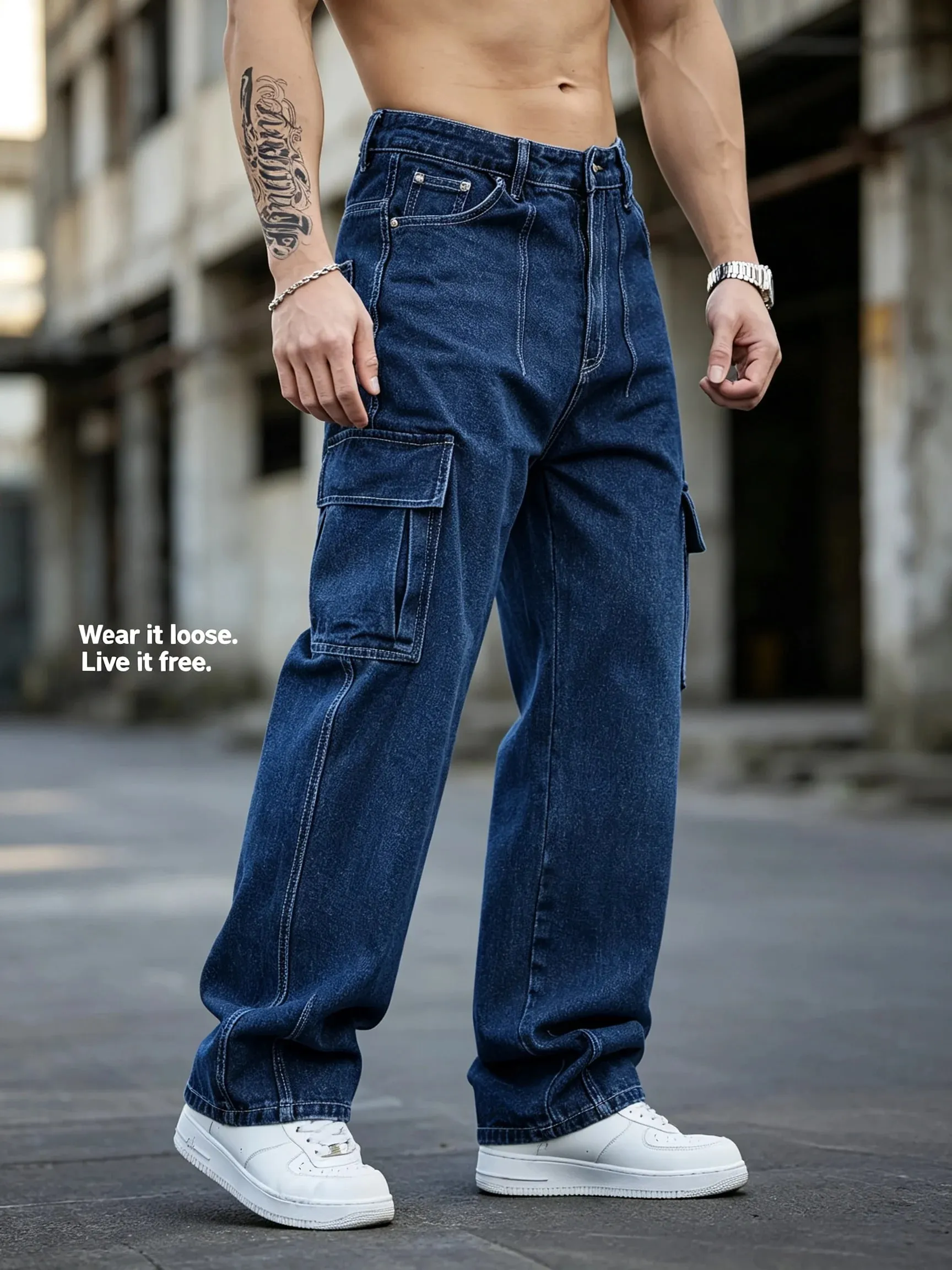 Men Baggy Cargo Jeans Retro Army Style Loose Fit Multi‑Pocket Denim Trousers Men's Casual Daily Outdoor Street Work Pants — image 4