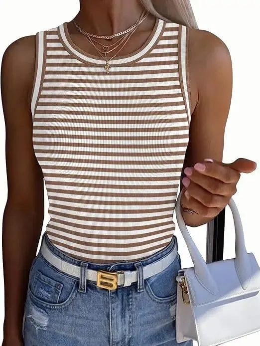 Women Striped Ribbed Tank Top 2026 Summer Casual Sleeveless Round Neck Slim Fit Vest Female Daily Streetwear Basic Undershirt — image 7