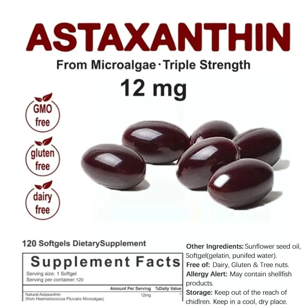 Astaxantina de força tripla 12 mg - Suplemento antioxidante natural de astaxantina não OGM verificado e sem glúten - 120 cápsulas gelatinosas