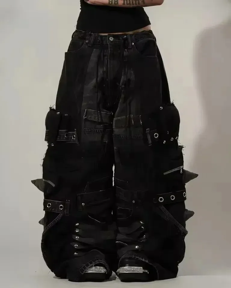 Black Baggy Cargo Jeans Men Women Heavy Multi Pocket Zipper Detail Streetwear Casual Fashion Pants Wide Leg Loose Fit Soft Y2K — image 8