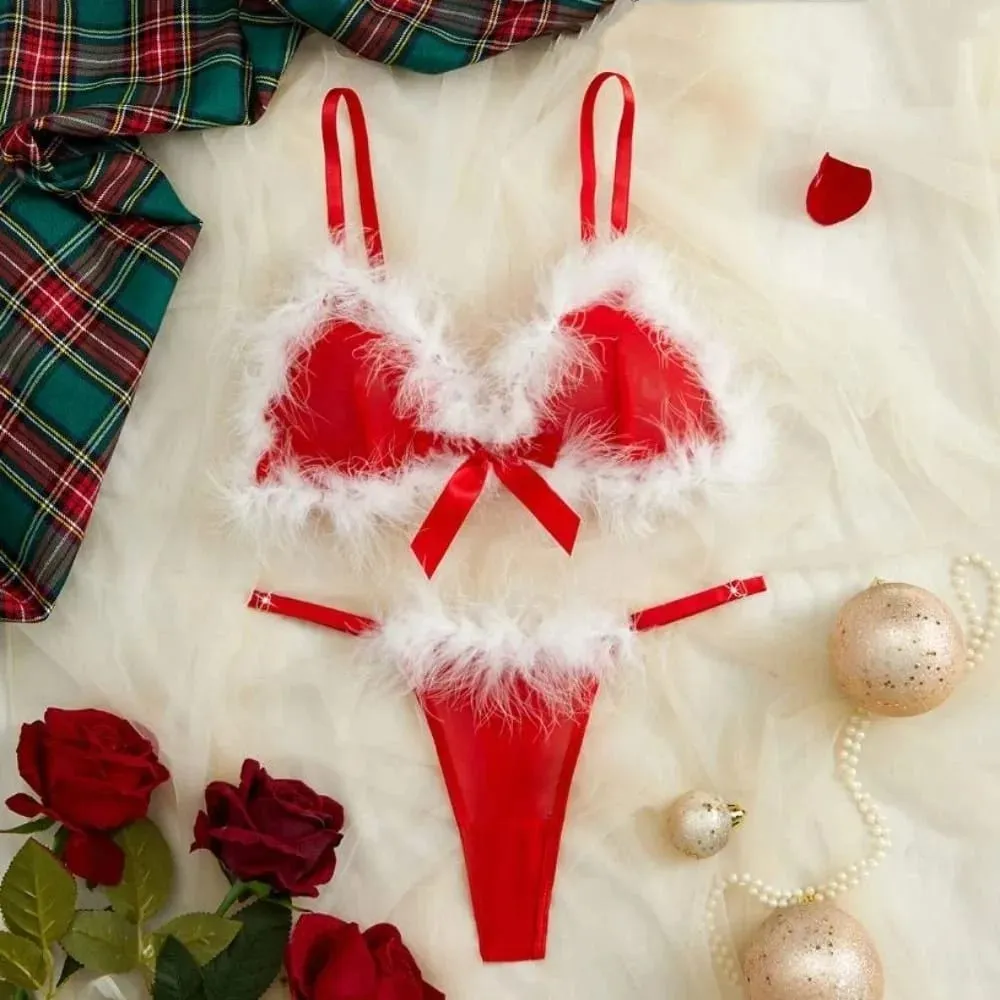 Furry Women's Underwear Mesh Transparent Bow Decor Lingerie Set Romantic Intimate Wireless Bra Panties Suit Valentine's Day — image 2