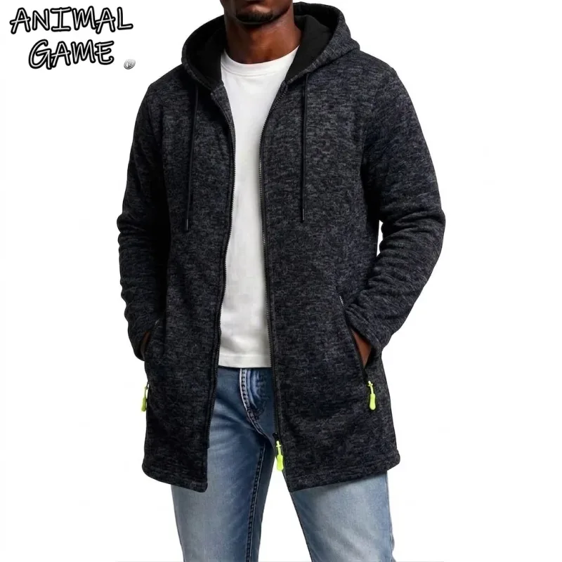 New Men's Zip Up Hoodie Casual Mid-Length Sweatshirts Fleece Jacket Warm Winter Hooded Trench Coat Outerwear with Zipper Pockets — image 6