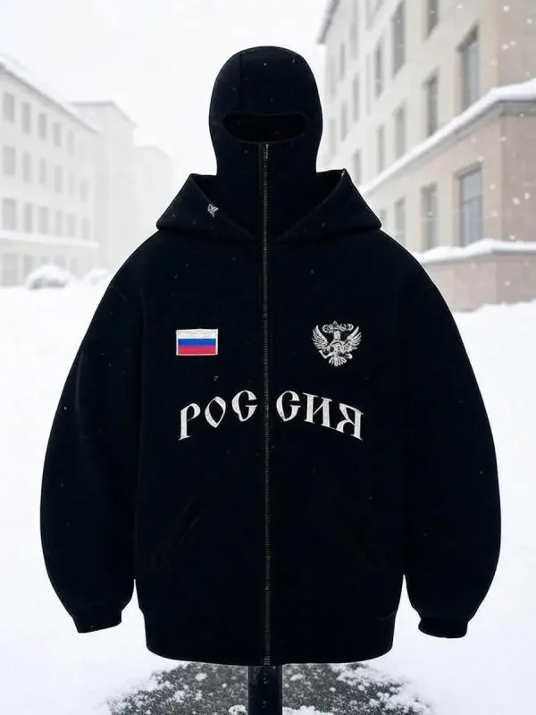 Hip Hop Face Cover Hoodie Unisex Loose Black Zip Up Sweatshirt Eagle Flag Printed Design