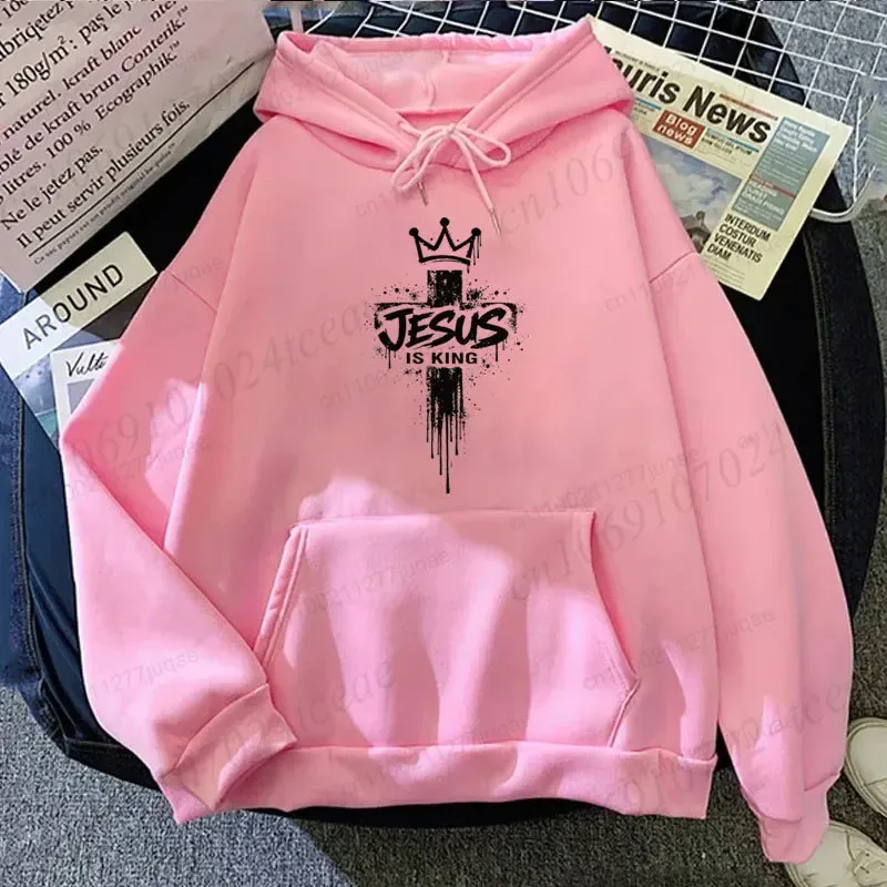 Jesus Is King Graphic Hoodies for Men Cross Crown Print Sweatshirts Christian Faith Casual Tracksuits Religious Street Tops Gift