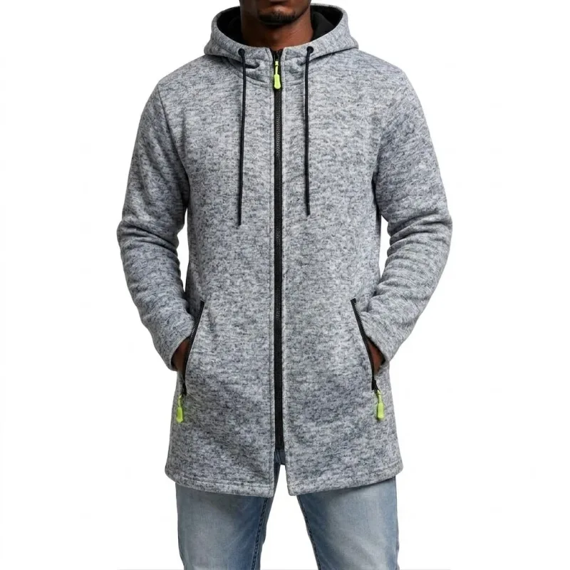 New Men's Zip Up Hoodie Casual Mid-Length Sweatshirts Fleece Jacket Warm Winter Hooded Trench Coat Outerwear with Zipper Pockets — image 4