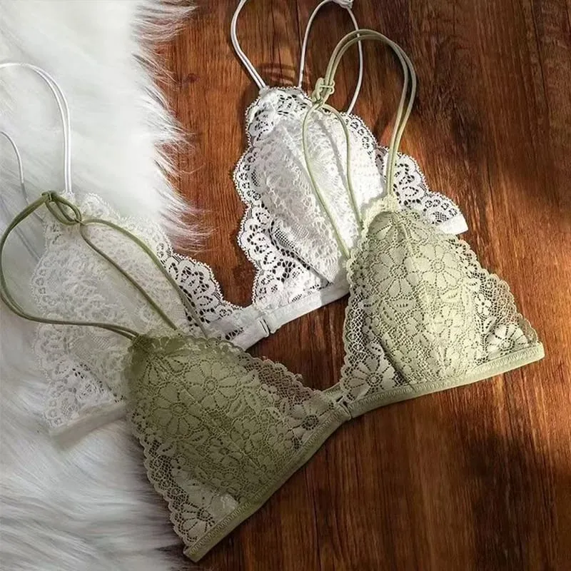 Reggiseno a triangolo sottile in pizzo sexy stile francese con bottone frontale Intimo senza fili da donna senza anello in acciaio Bellissimo reggiseno sulla schiena