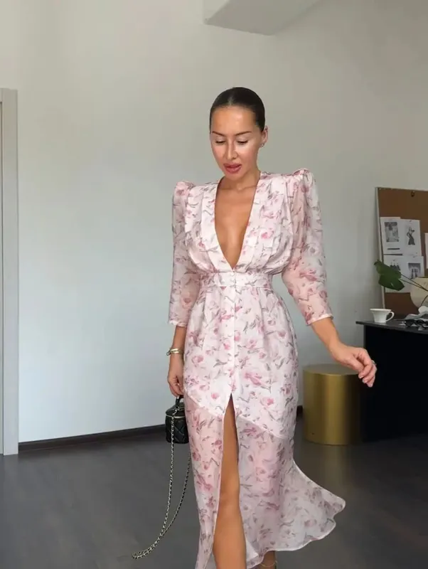 Fesyen Seksi Organza Floral Printed Maxi Dress V-neck Puff Sleeve 2026 Musim Panas Baru Romantik Wanita Gaun Pesta Wanita Elegan Vestido