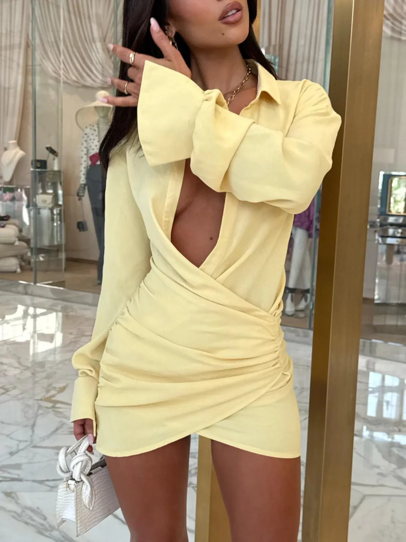 2026 NEW AUTUMN WOMEN'S SOLID COLOR SHIRT DRESS RUCHED BODYCON DRESS SEXY INS‑STYLE DRESS FOR PARTY GATHERING — image 2