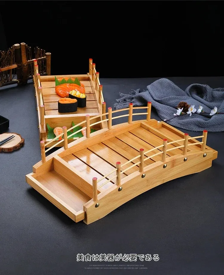Japanese sushi boat bamboo boat Wooden boat bamboo arch bridge tableware Sashimi platter Dry ice platter sushi plate — image 8