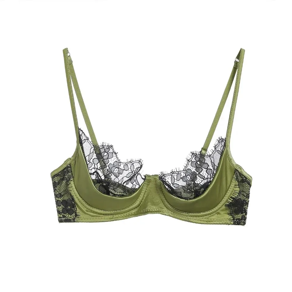 النساء الدانتيل الفرنسي نصف كوب مجموعة الملابس الداخلية الأخضر رقيقة جدا شير لينة مريحة Underwire الصدرية لتمثال نصفي صغير 32 ‑ 38AB — image 4