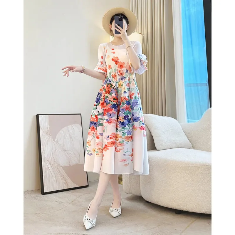 Miyake – robe plissée à imprimé Floral pour femmes, élégante, Chic, col rond, manches lanternes, élastique, ample, décontractée, nouvelle collection