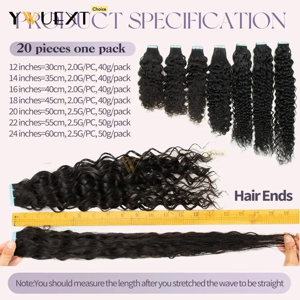 Water Wave Tape In Hair Extensions Human Hair Natural Black Color 1B# for Women 20pcs/pack Thick End Hair Extensions — image 6