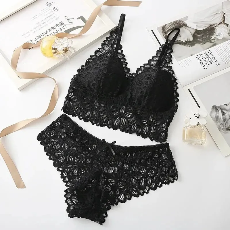 Lace Sexy Women Underwear Set Seamless Wire Free Bra Sets Hollow Out Bra and Panty Sets For Women Embroidery Intimates Lingerie — image 10