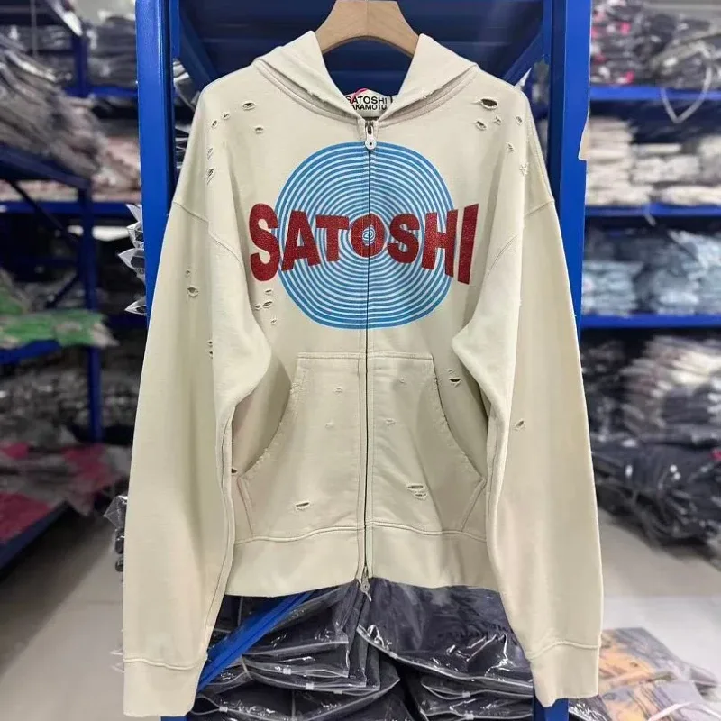 New Arrival Satoshi Zip Hoodie Destroyed Hole Design Loose Cotton Casual Outdoor Jacket Tops — image 23