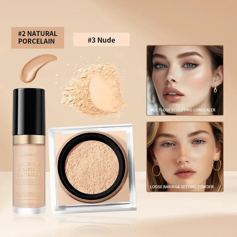 2ks sada na make-up na obličej s korektorem a sypkým pudrem na obličej s hladkým matným povrchem pro ženy, korejský make-up — image 9