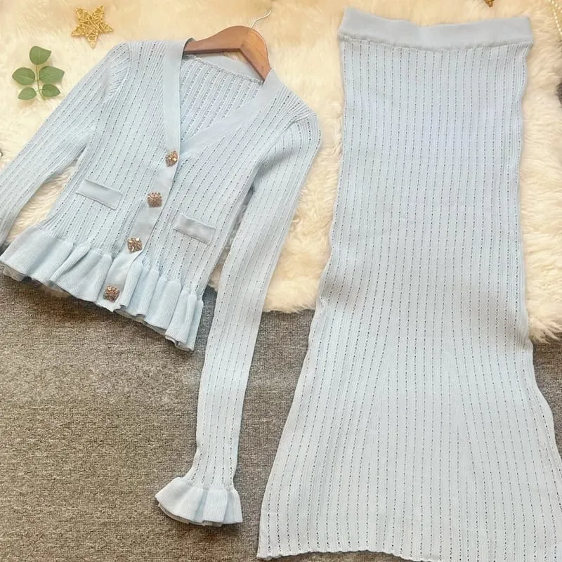 YuooMuoo marca de moda de una pieza de punto Maxi Vestido de mujer elegante con cuello en V con volantes cintura delgada ceñido al cuerpo suéter Vestido de fiesta