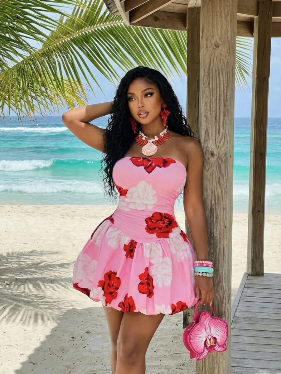 Women Strapless Floral Print Mini Dress Ruched Waist Flared Skirt Bodycon Dress For Beach Holiday Party Occasion — image 5