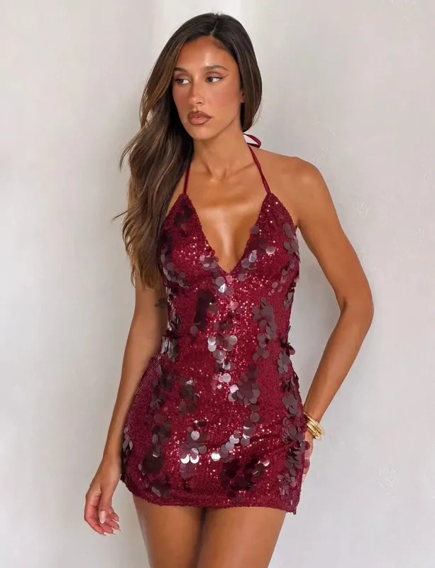 Women Solid Sequin Mini Dress Halter Neck Deep V Neck Bodycon Sleeveless Sparkly Vestidos Formal Club Party Cocktail Dresses New — image 8