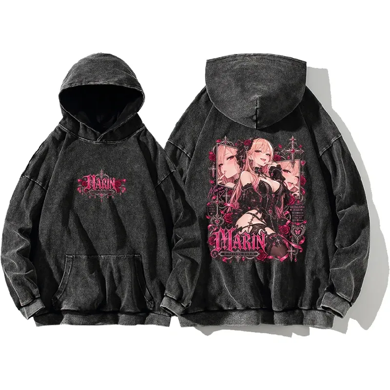 Marin My‑Dress‑Up Darling Anime Retro Hoodies Y2k Gothic Washed Streetwear Men Women Long Sleeves Oversized Cotton Hooded Tops