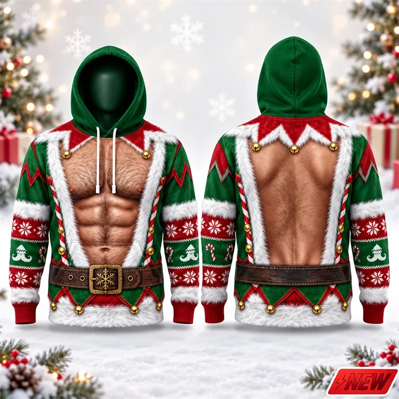 Fashion Christmas Party Streetwear Hoodie Men Holiday 3D Print Funny Fake Muscle Santa Suit Reindeer Graphic Festive Sweatshirt — image 2