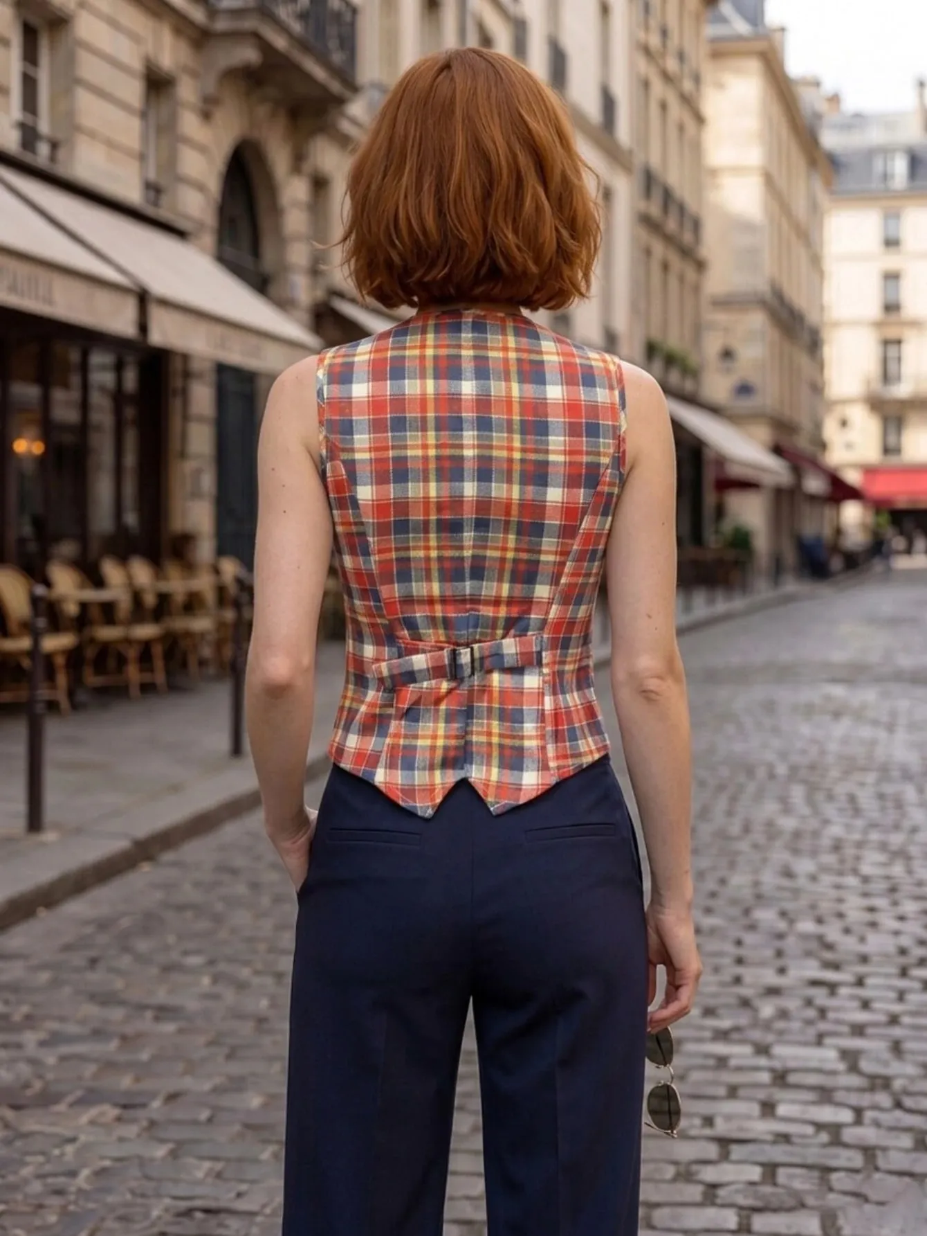 Women Plaid Print Sleeveless Button‑Front V Neck Cropped Vest Top Casual Daily Streetwear Fashion Shirt — image 3
