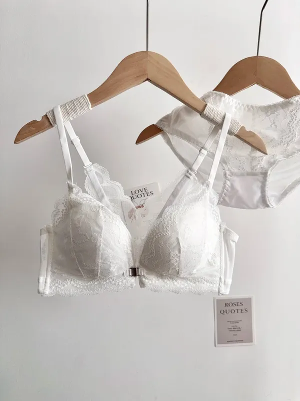 Women Small Bust Lace Bra Set Front Closure Wireless Beautiful Back Push‑Up Brassiere Soft Daily Lingerie Underwear Size 32‑38AB