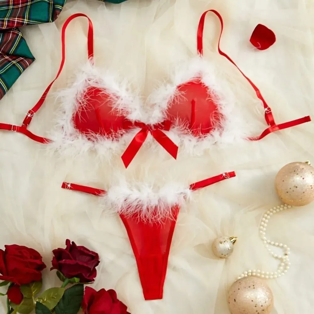 New Year Furry Women's Underwear Wireless Bow Decor Lingerie Set Romantic Intimate Mesh Transparent Bra Panties Suit Home — image 6