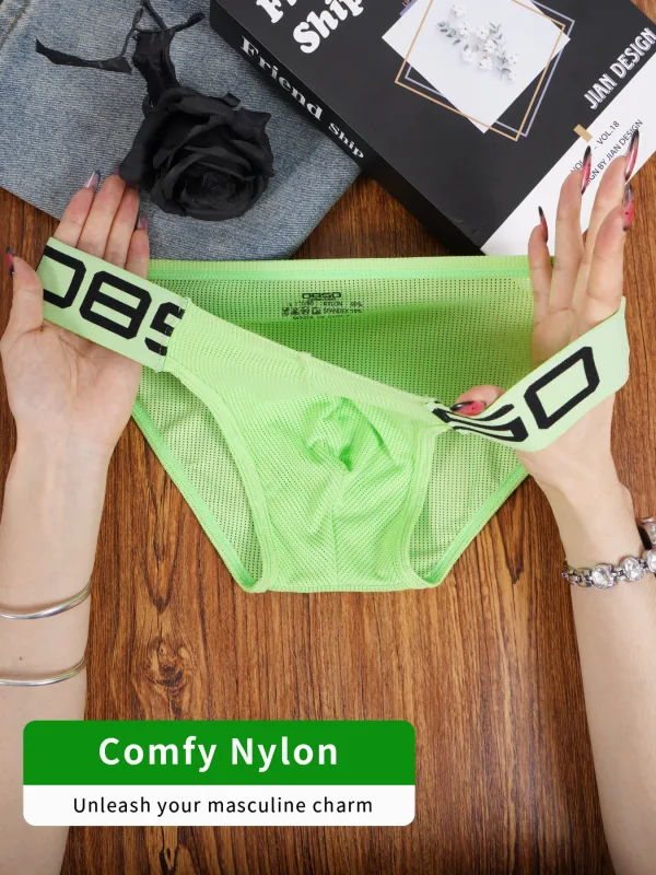 Panlalaking Nylon Blend Mesh Breathable Briefs Horn Splice Letter Embossed Malapad na Elastic Waistband Kulay Fluorescent Sexy Underwear