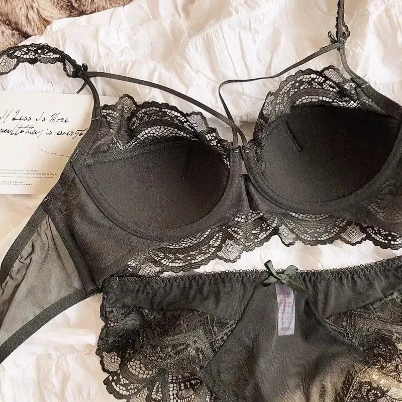 French Pure Lace Bralette Petite Bra Set AABB Cup with Removable Straps & Thin Push Up Pads Soft Underwire Sexy Women's