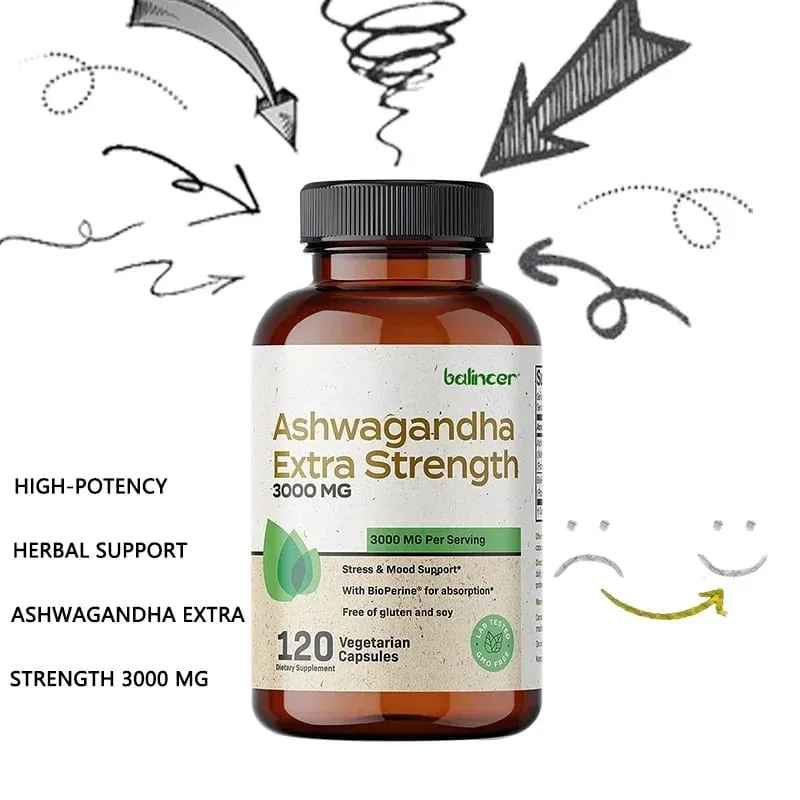 Naturlig Ashwagandha Stress- och humörlindring Örtvegetarisk KSM-66 Kapslar Anti-ångest Stresslindring Hjärnhälsa