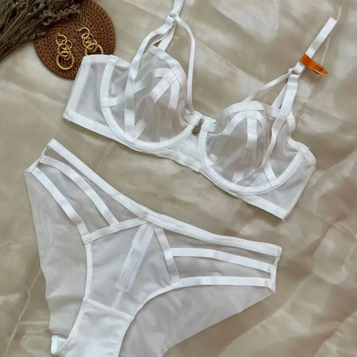 Women Strappy Mesh Lingerie Set Underwire Bra Panty Set Metal Pendant Sheer Intimate Underwear For Women Daily Nightwear — image 4