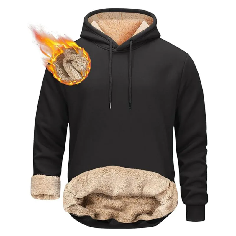 Winter Men's Warm Hoodies Sports Thick Sweatshirts Windproof Thermal Casual Solid Color Loose Long Sleeve Pullover Streetwear