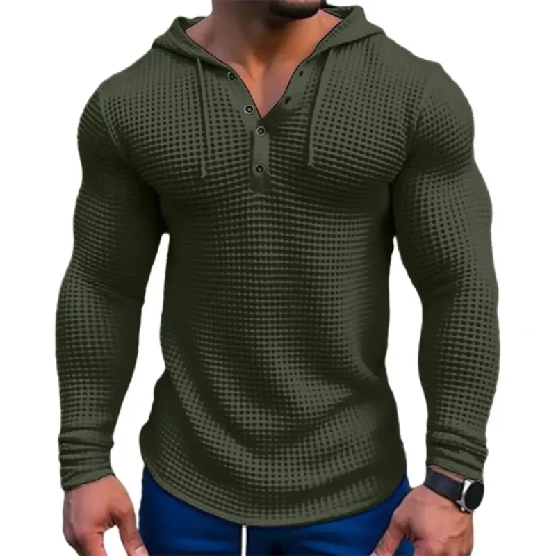 Warna Pepejal Musim Bunga Slim Fit Lengan Panjang T-shirt Lelaki Bertudung Bernafas Sukan Atasan Wafel Kapas Baju Lengan Panjang Kasual