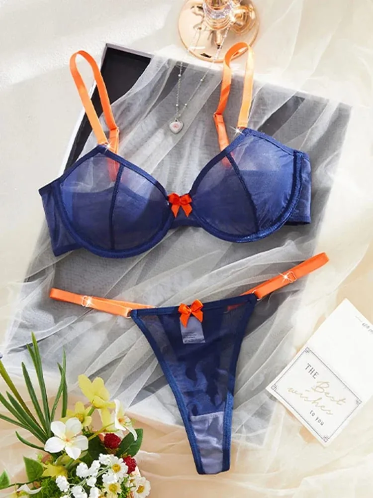 여성 란제리 네이비 블루 쉬어 메쉬 속옷 스틸 링 브래지어 오렌지 보우 가죽 끈 2 조각 섹시한 란제리 대비 색 친밀한 — image 3