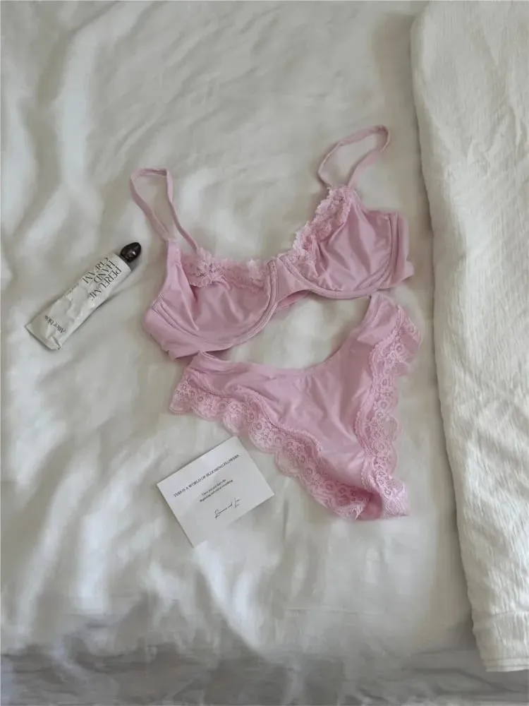 Set Bra Cawan Penuh Tanpa Garis Merah Jambu Berdawai Berdawai Lace Trim Lift Selesa Minimalis Seamless Mesra Kulit Coli Setiap Hari dan Seluar Dalam — image 5