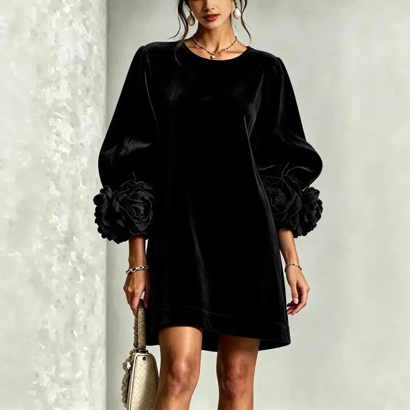 Autumn Winter Women Velvet Mini Dress O Neck Puff Long Sleeve 3D Flower Cuff Decor Loose Casual Hot Hit Fashion Short Dresses