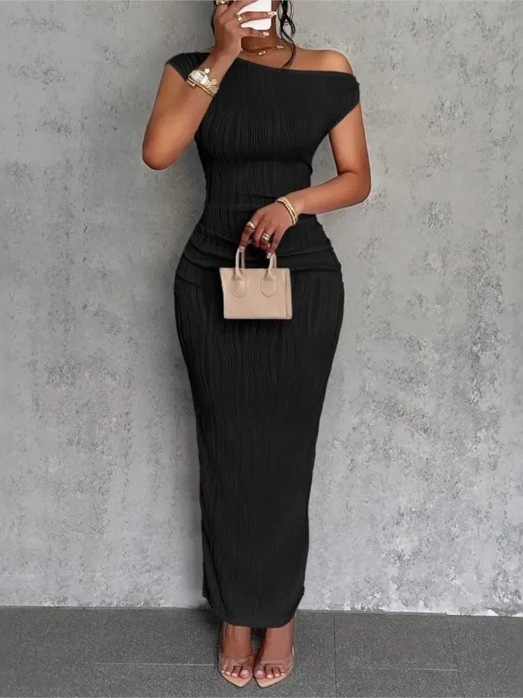 Módní vlnité šaty se šikmými rameny Dámské elegantní a jednoduché jednobarevné límec do áčka Mid pasem Sexy zavinovací sukně