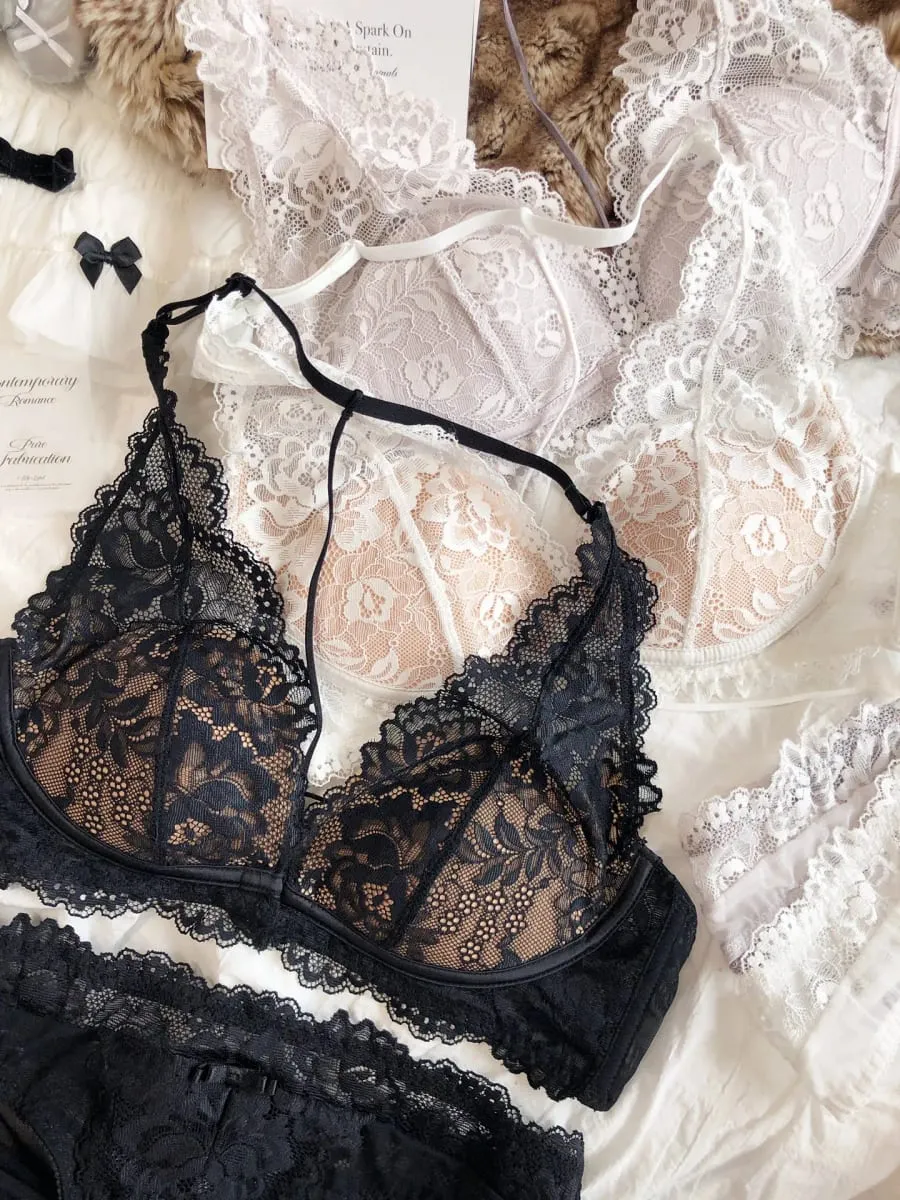 Sexy Lace Embroidery Women Lingerie Set French Thin Cup Halter Bikini Bra High Quality Push Up Bralette Backless Underwear Set — image 5