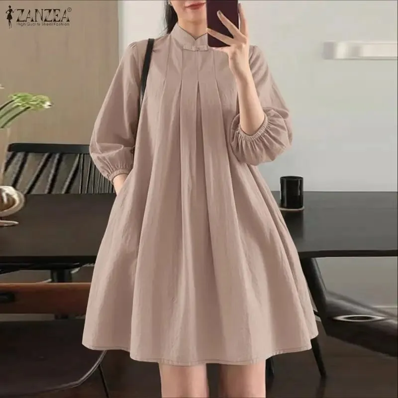 Letní dámské elegantní plisované šaty s límečkem s 3/4 nabíraným rukávem zmačkané šaty ke kolenům ležérní róby Femme — image 4