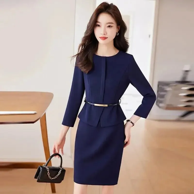 Elegant Spring Autumn Women Dress With Belt New Professional Navy Blue Formal Long Sleeve Slim Temperament Office Ladies Dresses — image 3