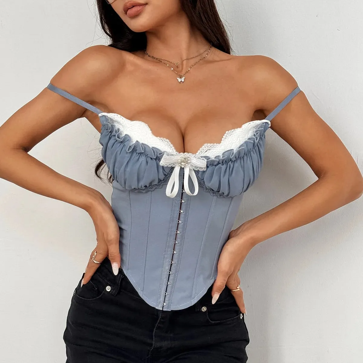 Sexy V Neck Y2K Crop Tops Lace Patchwork Pleated Bowknot Corset Top Sexy Backless Slim Camisole Body Shape Fishbone Bustier — image 10
