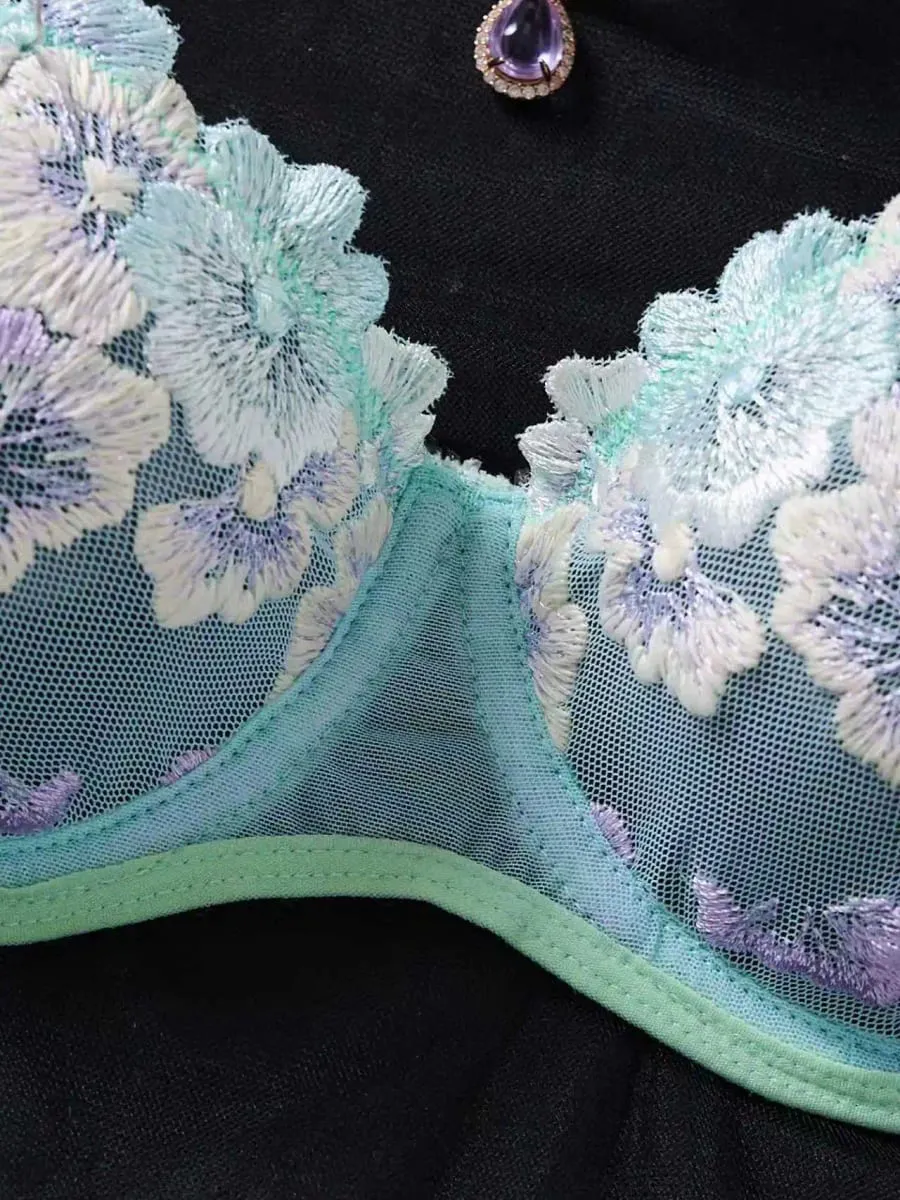 Sheer Mesh Floral Embroidery Lingerie Set Women Underwire Bra And Thong Set Color Contrast Sexy Lace Intimate Lingerie — image 3