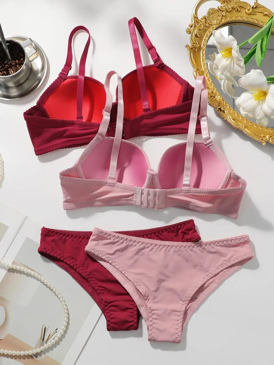 2 Pek Set Bra Empuk Berdawai Bertali Wanita Bra T-Shirt Tekan Ke Atas Pejal dengan Seluar Dalam Padanan Seksi & Selesa Pakaian Dalam Setiap Hari — image 2