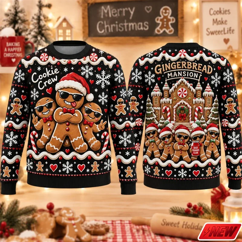 Christmas Ugly Sweater Men Holiday Gift Trendy 3D Print Funny Skateboarding Gingerbread Man House Pattern Pullover Unisex Hoodie — image 5