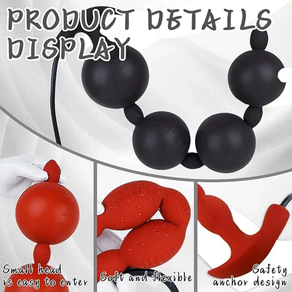 Extra Long Inflatable Anal Beads Butt Plug Dildo Malaking Silicone Adjustable Size Malaki Makapal 4 Balls Bead na may T-Base Adult Sex Toys — image 3