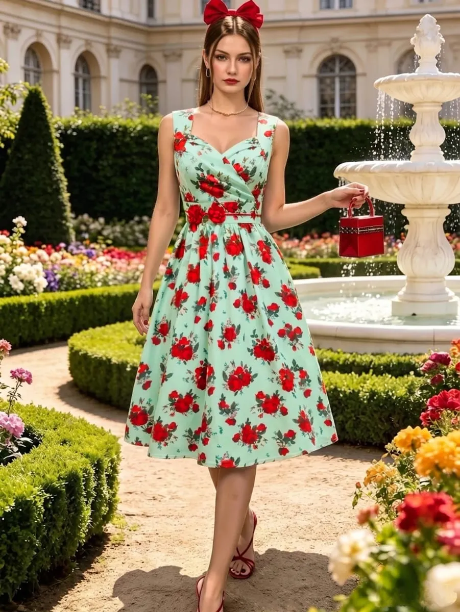 Women's Sleeveless V Neck Floral Print Midi Dress Wrap Design A Line Swing Dress Fashion Casual Ladies Daily Outfit — image 4