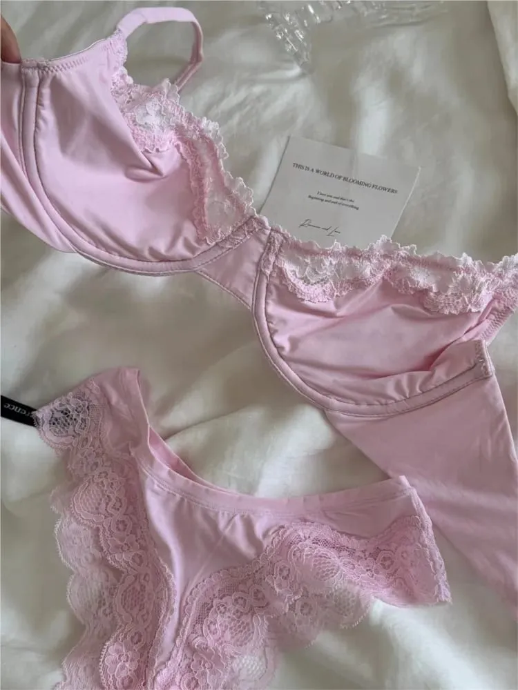 Set Bra Cawan Penuh Tanpa Garis Merah Jambu Berdawai Berdawai Lace Trim Lift Selesa Minimalis Seamless Mesra Kulit Coli Setiap Hari dan Seluar Dalam — image 2